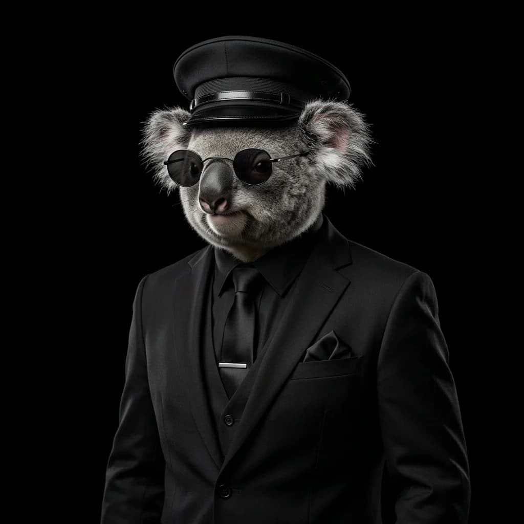 Koala Film — Cinematisk illustration af en koala-doorman i mørkt studiemiljø, 2025